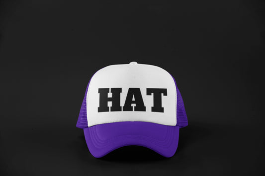 Purple. White. Hat. Hat.